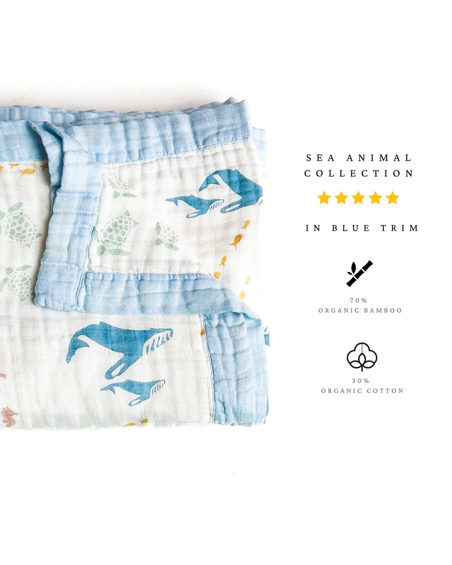 Sea Animals – Blue Trim | 6-Layer Organic Bamboo Muslin Baby Blanket