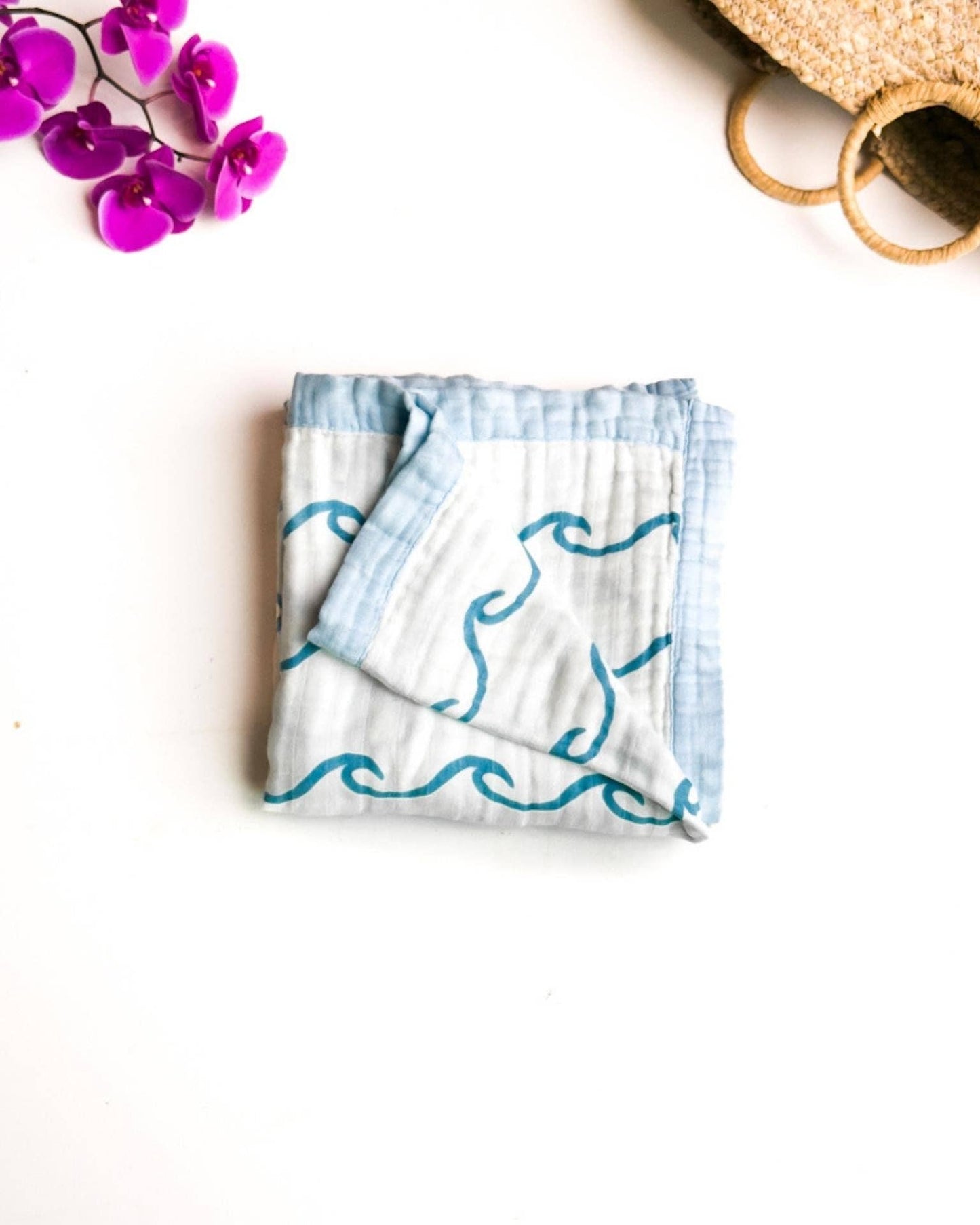 Endless Wave – Blue Trim | 6-Layer Organic Bamboo Muslin Baby Blanket