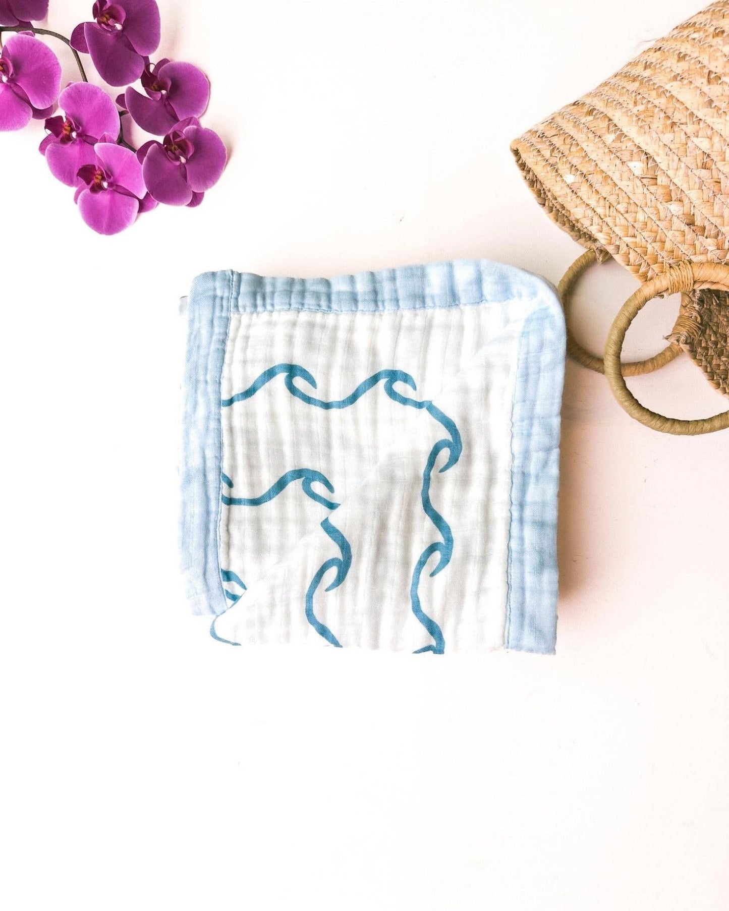 Endless Wave – Blue Trim | 6-Layer Organic Bamboo Muslin Baby Blanket