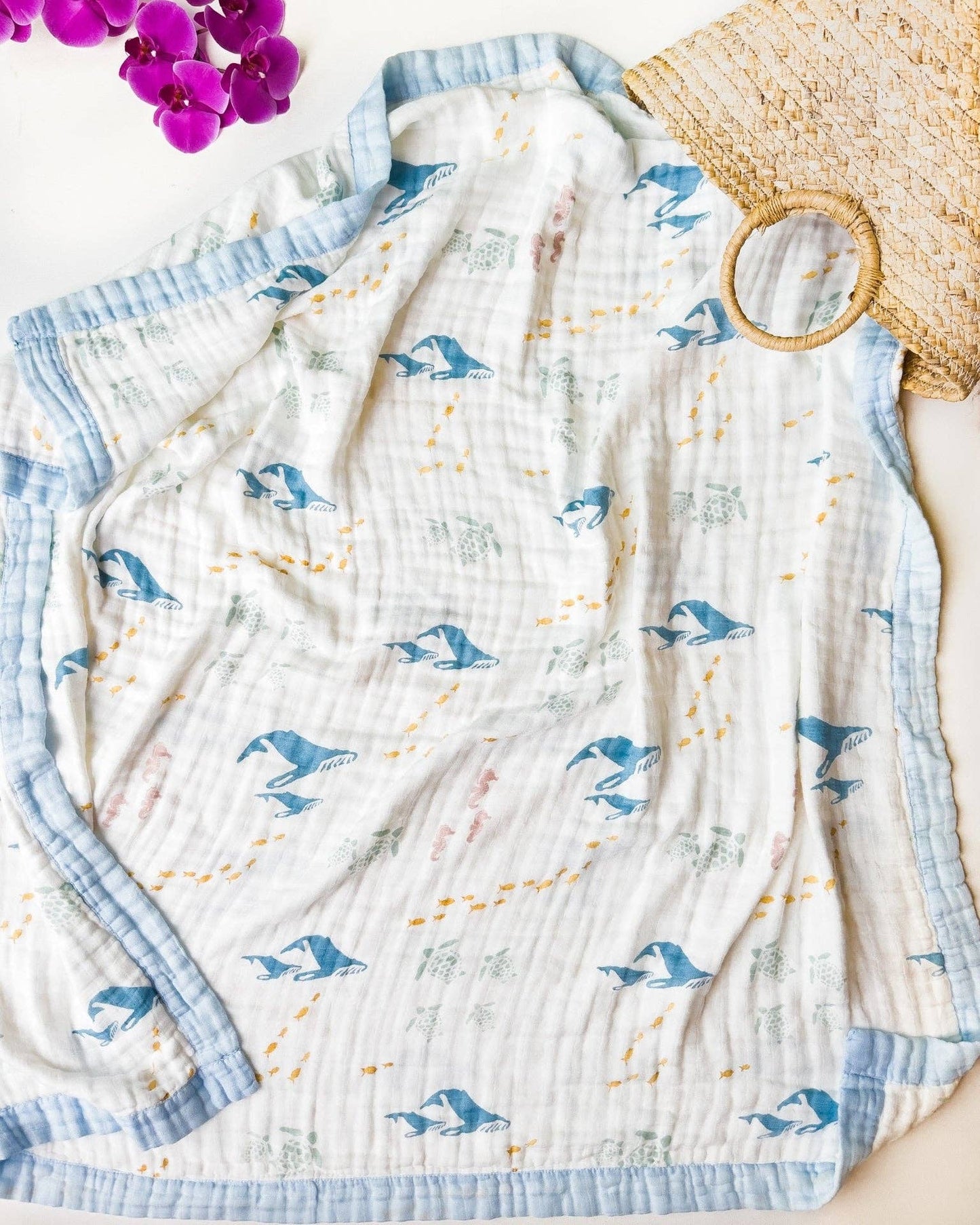 Sea Animals – Blue Trim | 6-Layer Organic Bamboo Muslin Baby Blanket