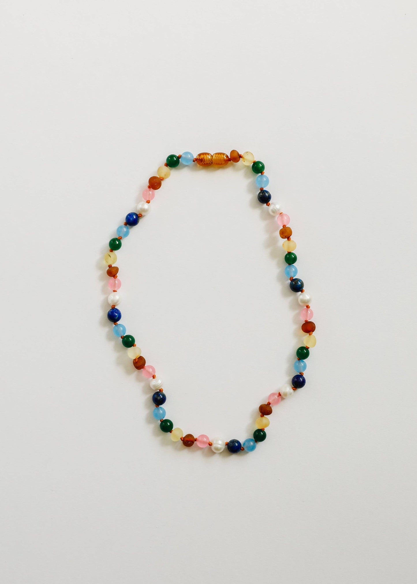 CanyonLeaf - Raw Baltic Amber and Pearl Necklace + Sweet Pink Gemstones: 13" Child Necklace