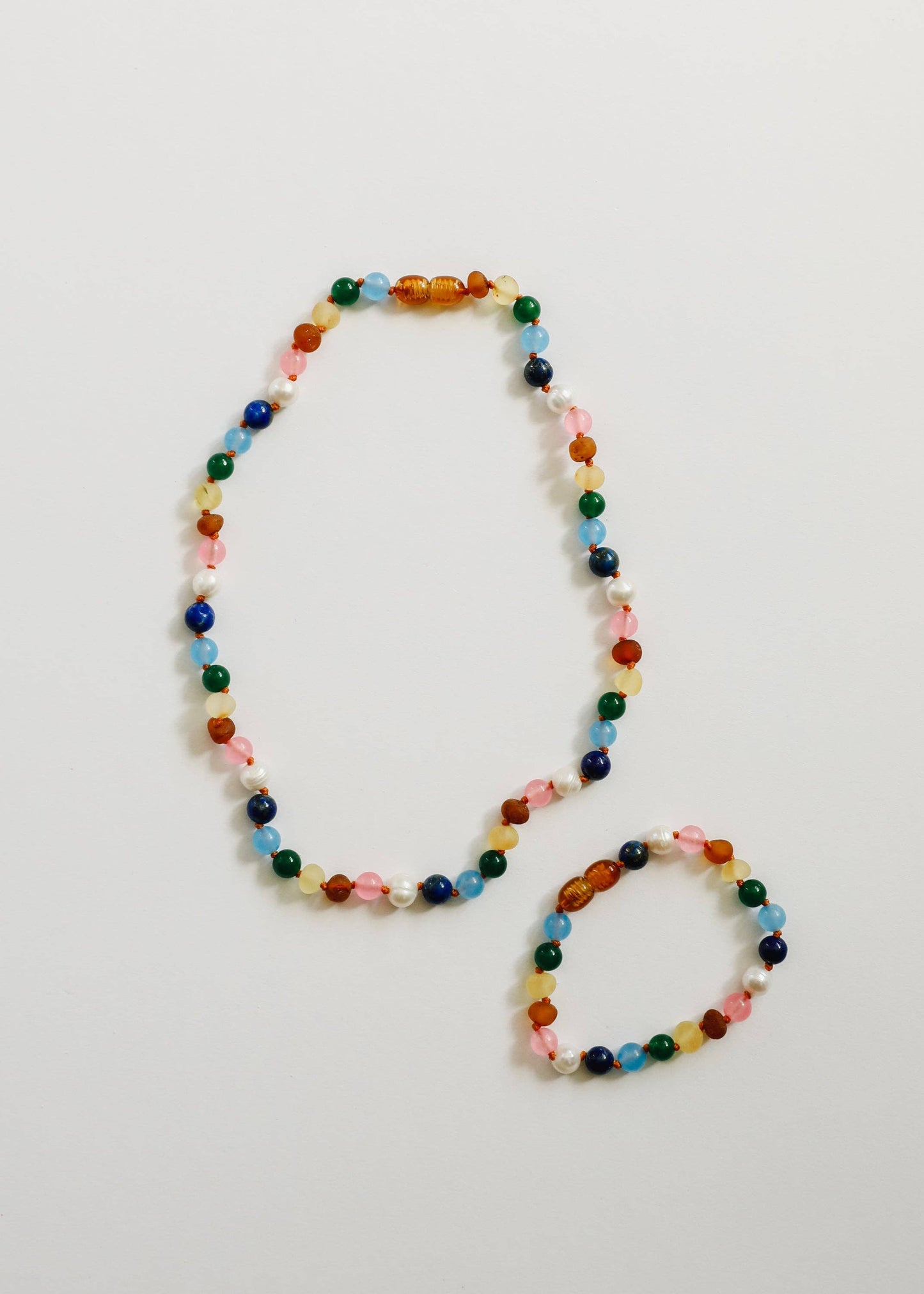 CanyonLeaf - Raw Baltic Amber and Pearl Necklace + Sweet Pink Gemstones: 13" Child Necklace