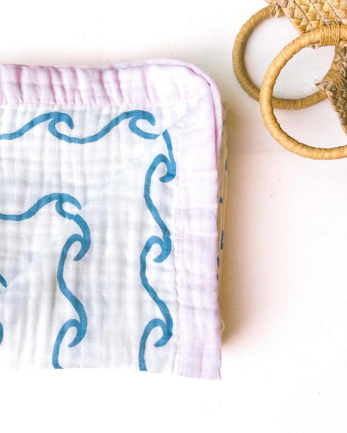 Endless Wave – Pink Trim | 6-Layer Organic Bamboo Muslin Baby Blanket