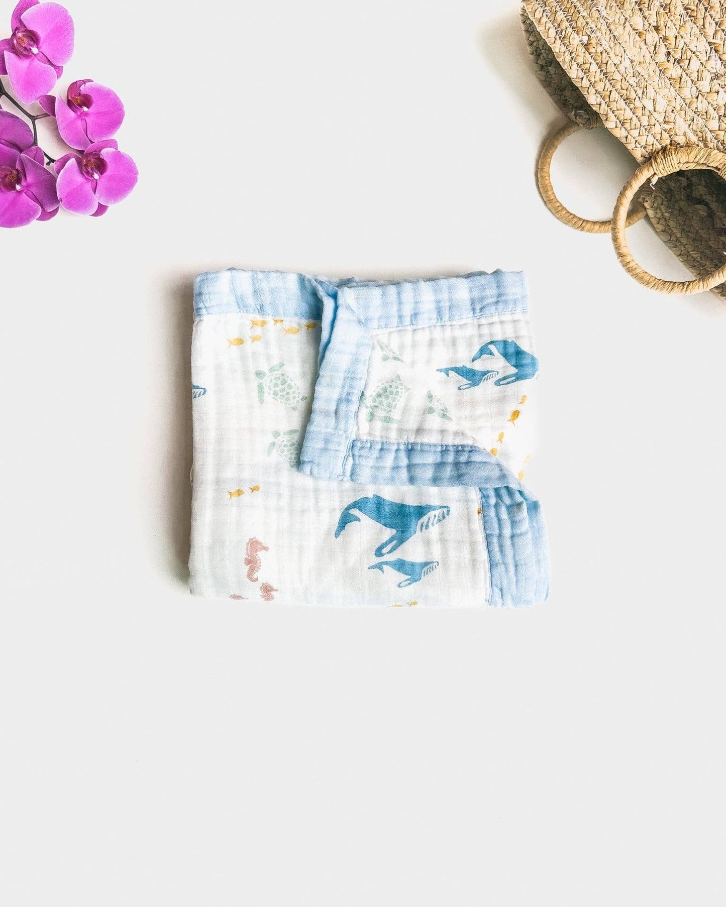 Sea Animals – Blue Trim | 6-Layer Organic Bamboo Muslin Baby Blanket