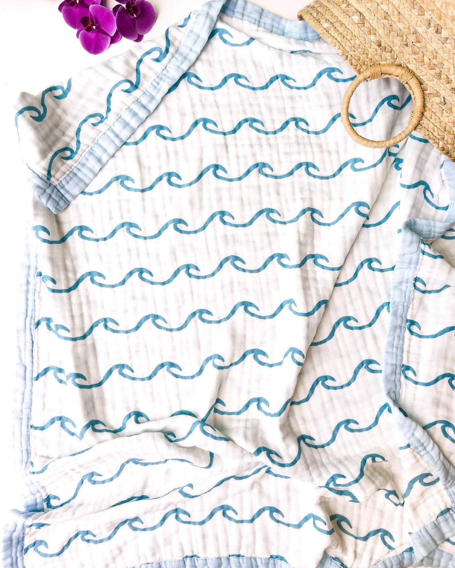 Endless Wave – Blue Trim | 6-Layer Organic Bamboo Muslin Baby Blanket