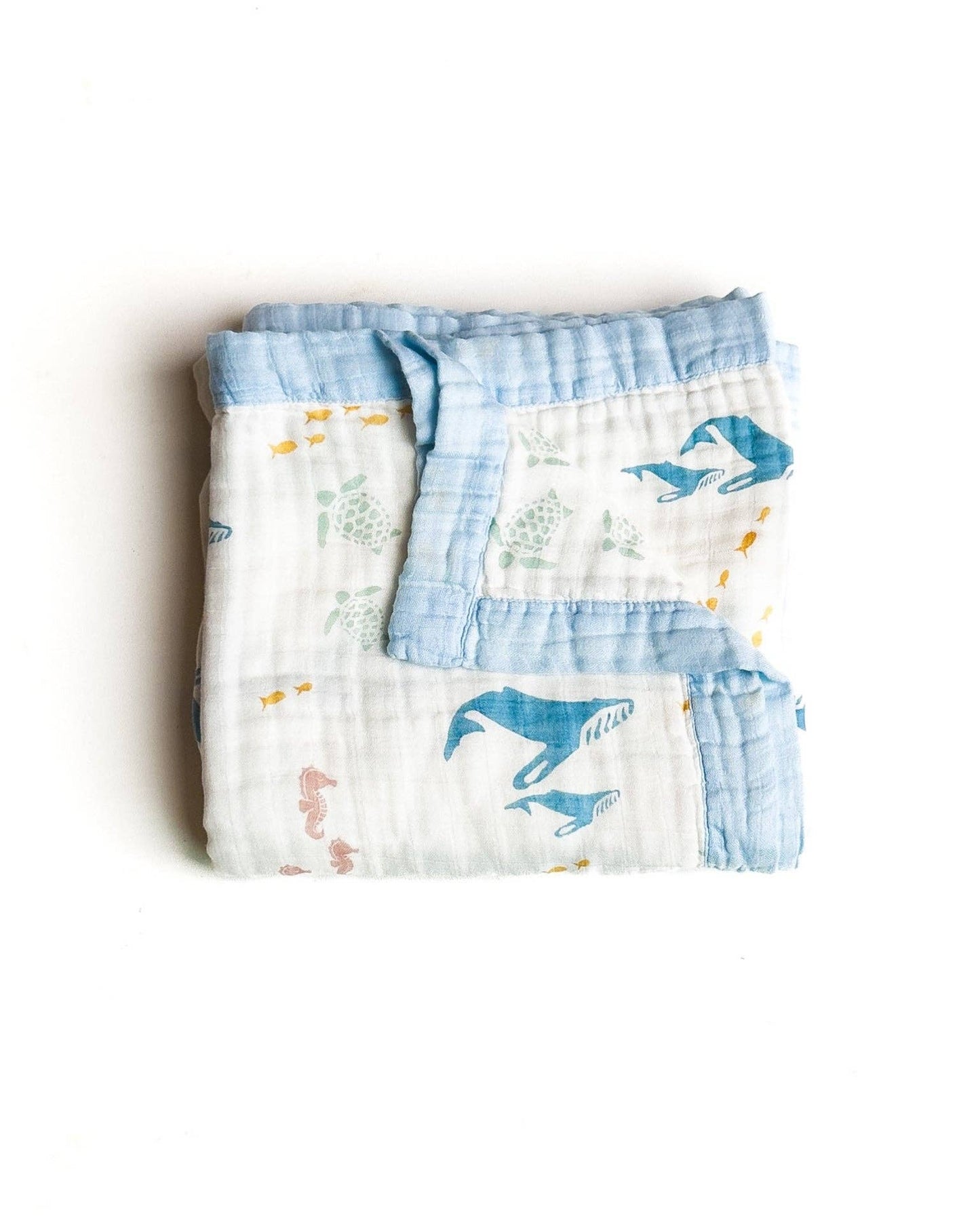 Sea Animals – Blue Trim | 6-Layer Organic Bamboo Muslin Baby Blanket