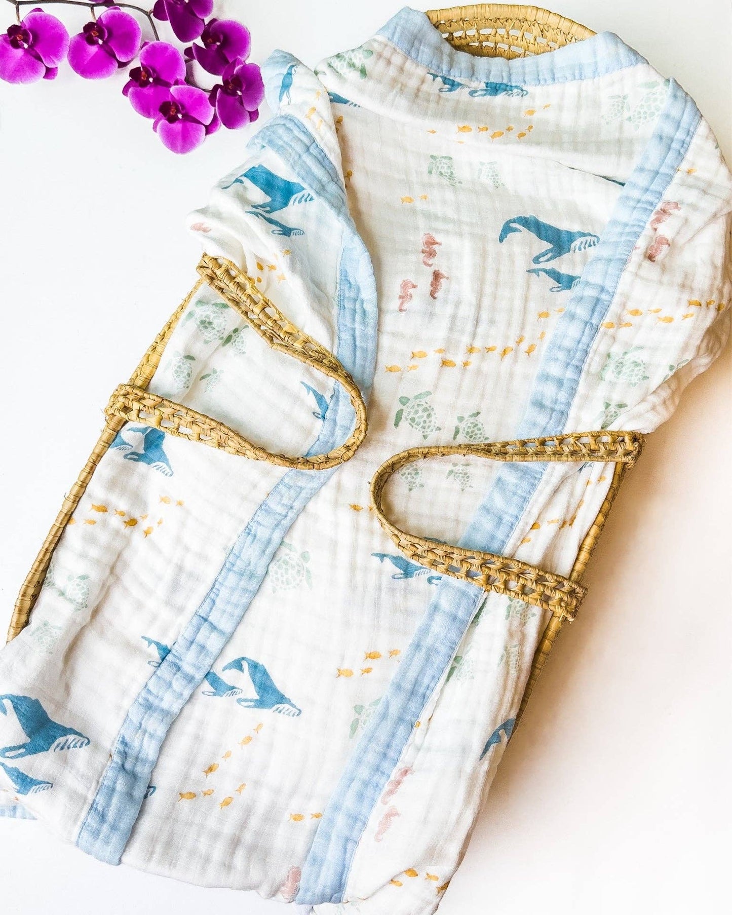 Sea Animals – Blue Trim | 6-Layer Organic Bamboo Muslin Baby Blanket