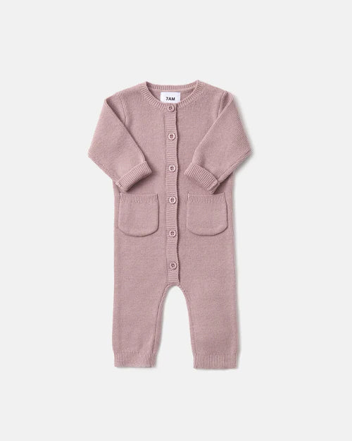 Long Sleeve Ribbed Jumpsuit- Ash Rose