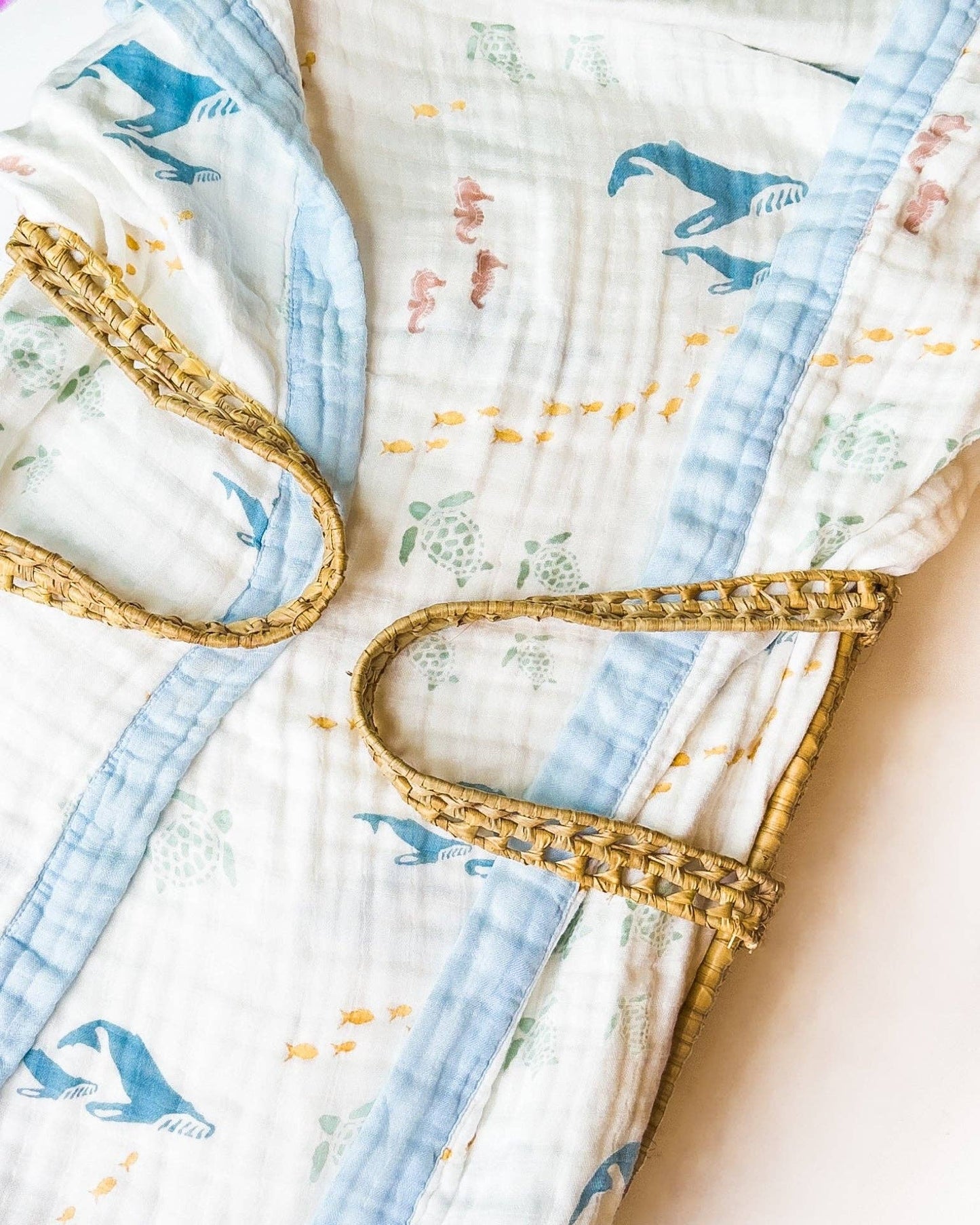 Sea Animals – Blue Trim | 6-Layer Organic Bamboo Muslin Baby Blanket