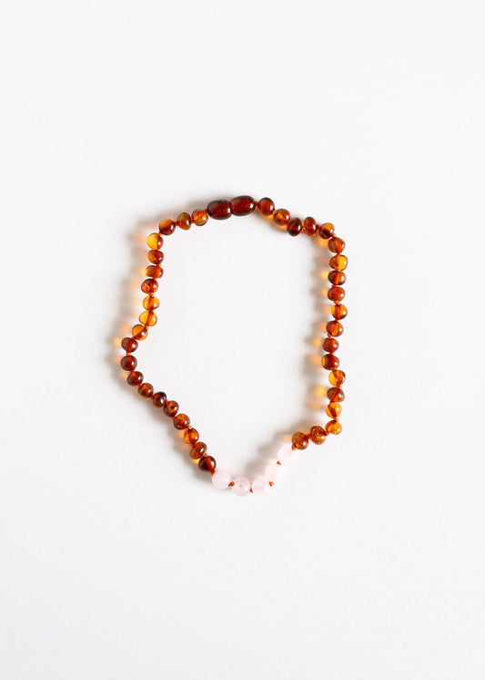 CanyonLeaf - Polished Cognac Baltic Amber + Rose Quartz || Necklace