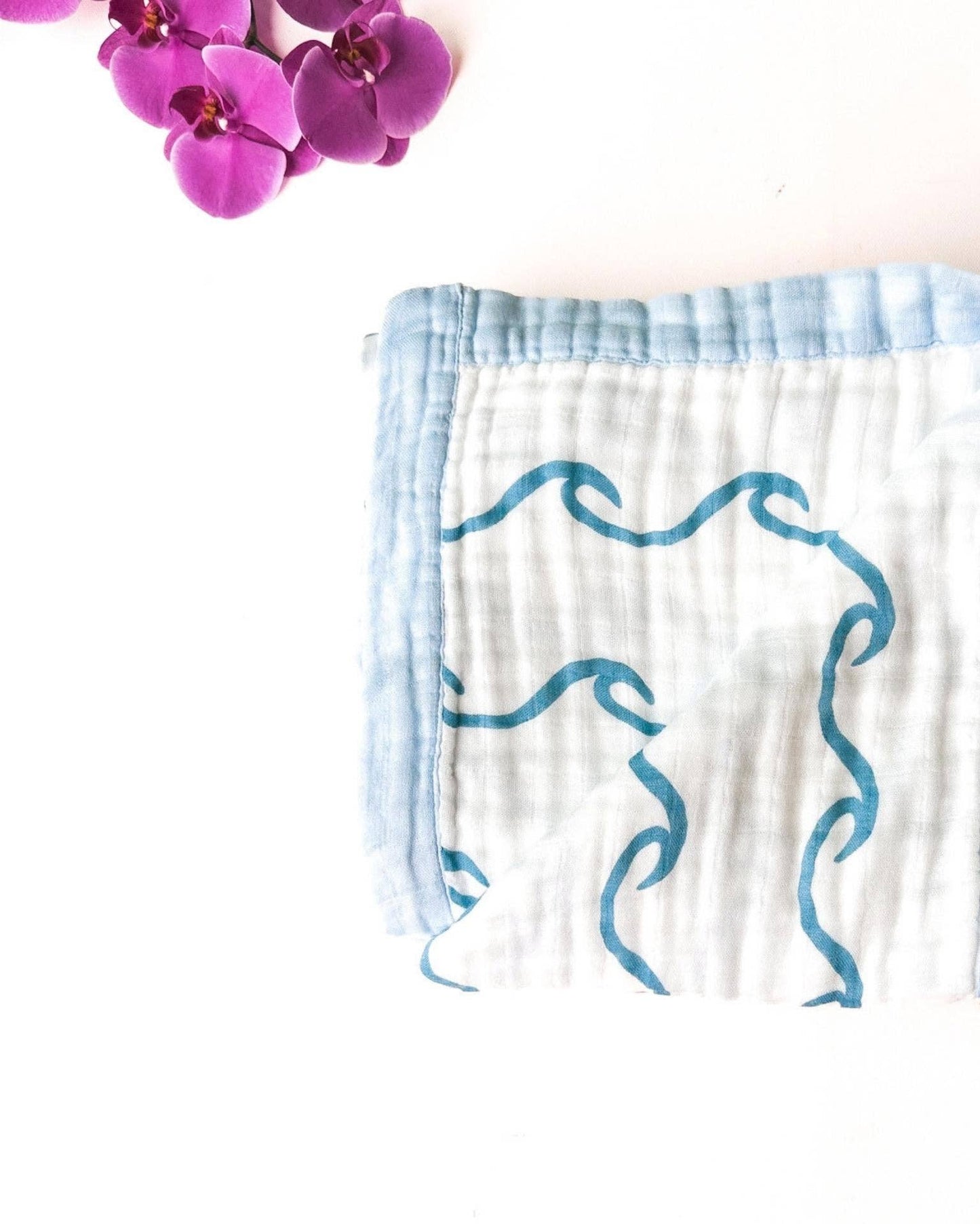 Endless Wave – Blue Trim | 6-Layer Organic Bamboo Muslin Baby Blanket