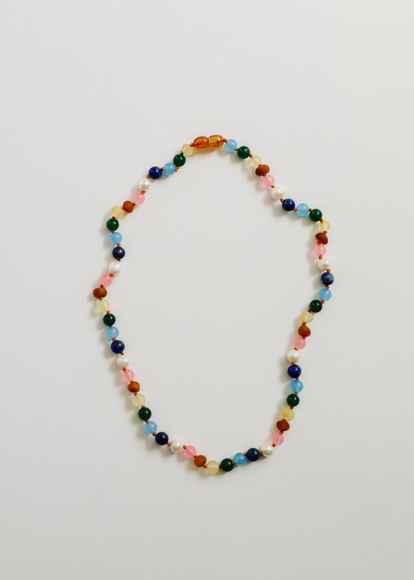 CanyonLeaf - Raw Baltic Amber and Pearl Necklace + Sweet Pink Gemstones: 13" Child Necklace