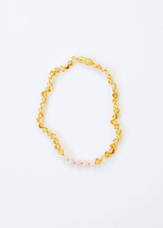 CanyonLeaf - Polished Honey Baltic Amber + Pink Rose Quartz || Necklace