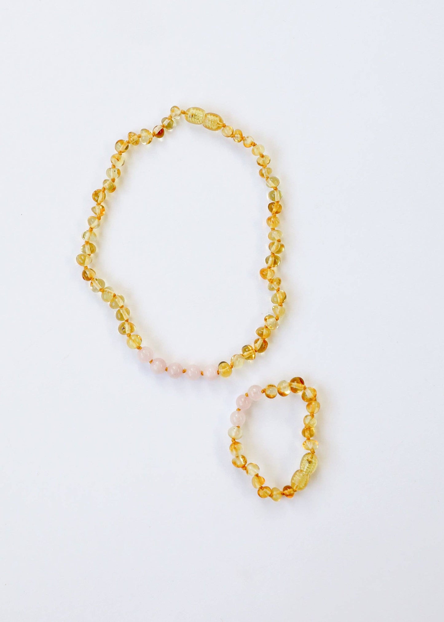 CanyonLeaf - Polished Honey Baltic Amber + Pink Rose Quartz || Necklace