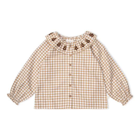 Organic Ruffle Button Top - Oat Gingham